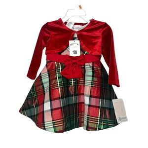 Bonnie Baby Christmas Red Velvet And Plaid 2 Piece Dress Size 12 Months